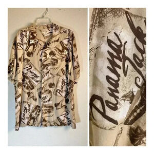 Vintage Panama Jack Men XL All Over Print Shirt Loop Collar Hawaiian Camp Pocket